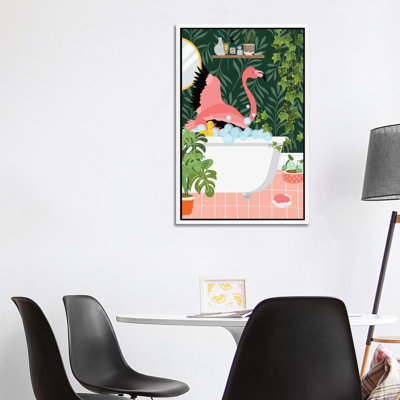 Flamingo Taking A Bath In Botanical Bathroom by Jania Sharipzhanova - Floater Frame Gallery-Wrapped Canvas Giclée on Canvas