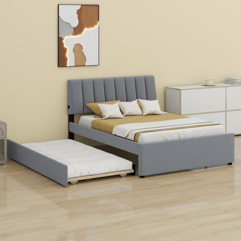 Upholstered Platform Bed With Trundle, Gray