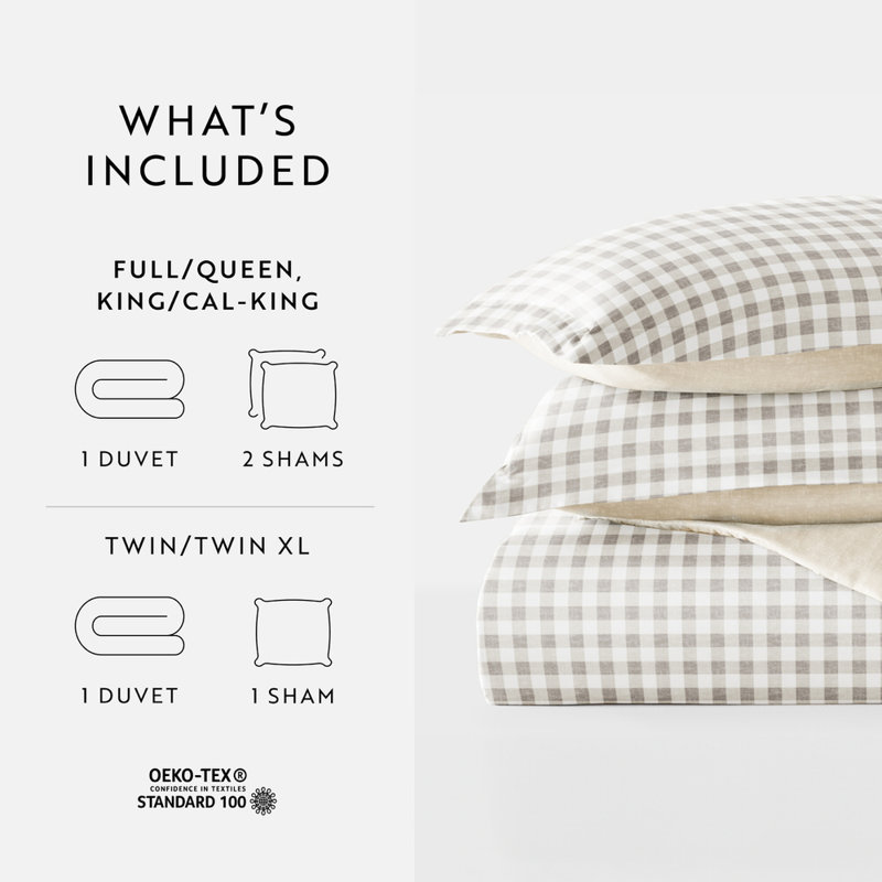 Duvet Cover Set Patterned Microfiber Ultra Soft Bedding in Gingham Check, Queen Duvet Cover + 2 Standard Shams
