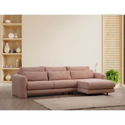 Elegant Corner Sofa, Pink Fabric, 114.2 x 65.0 x 28.7 inches | Beech Wood & Chipboard Frame | 100% Polyester, Dry-Cleanable | 28 DNS Foam Back, Portable Cushions, Stylish & Comfortable Living Room Furniture
