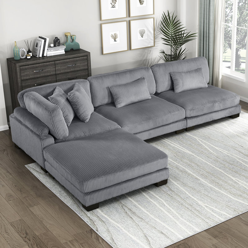 Lintz 135" Modern Modular Sectional with Corduroy Fabric, Adjustable Backrest & 4 Pillows, Gray Corduroy