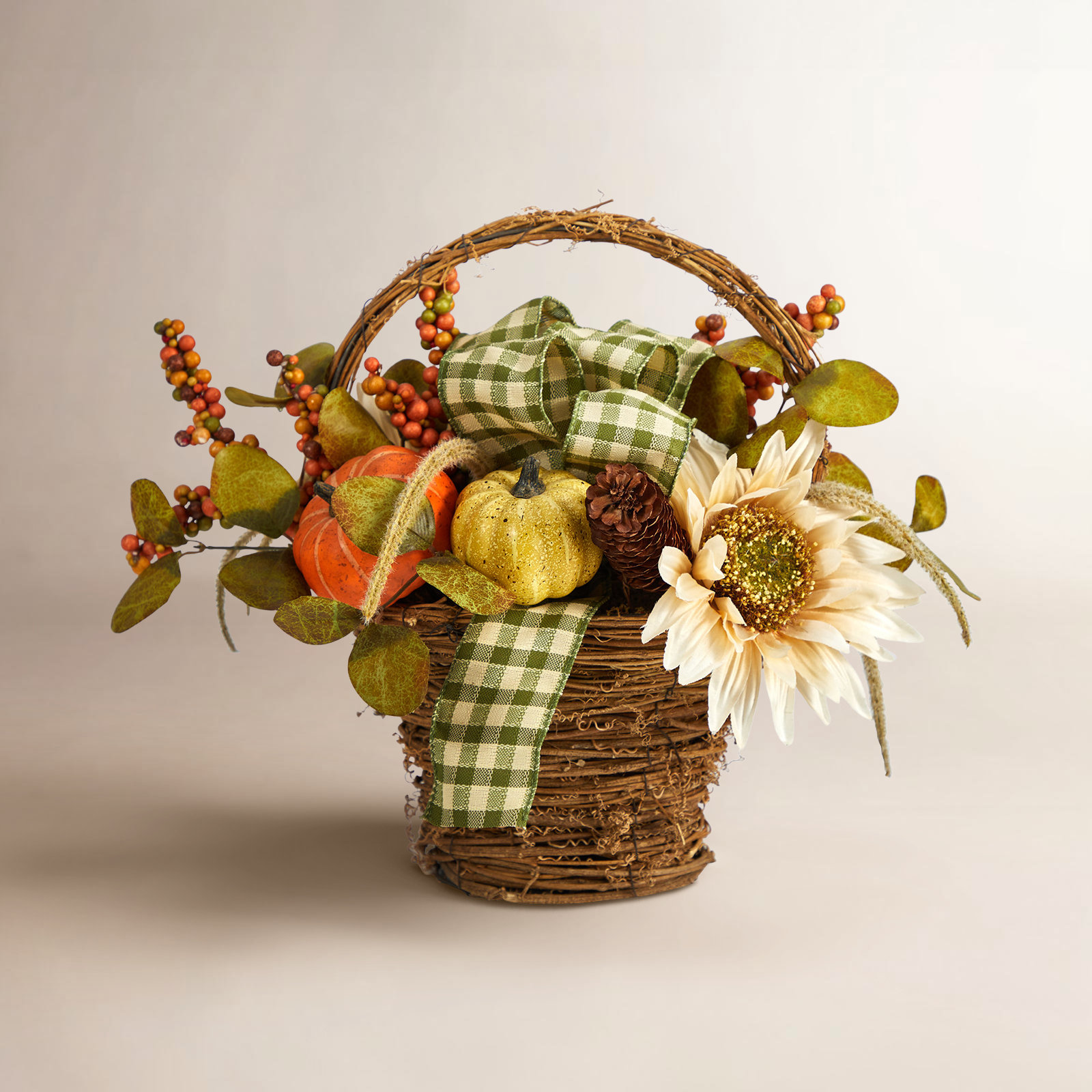 Pumpkin Gourds and Berries Mixed Arrangement in Basket