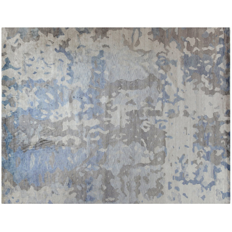 Tapis unique en laine / viscose noué à la main 11 pi 4 po x 14 pi 9 po bleu / gris