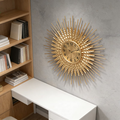 Grande horloge murale Sunburst moderne de style Mid-Century avec mouvement silencieux anti-tic-tac, art mural décoratif en métal pour le salon, la chambre à coucher ou la salle à manger