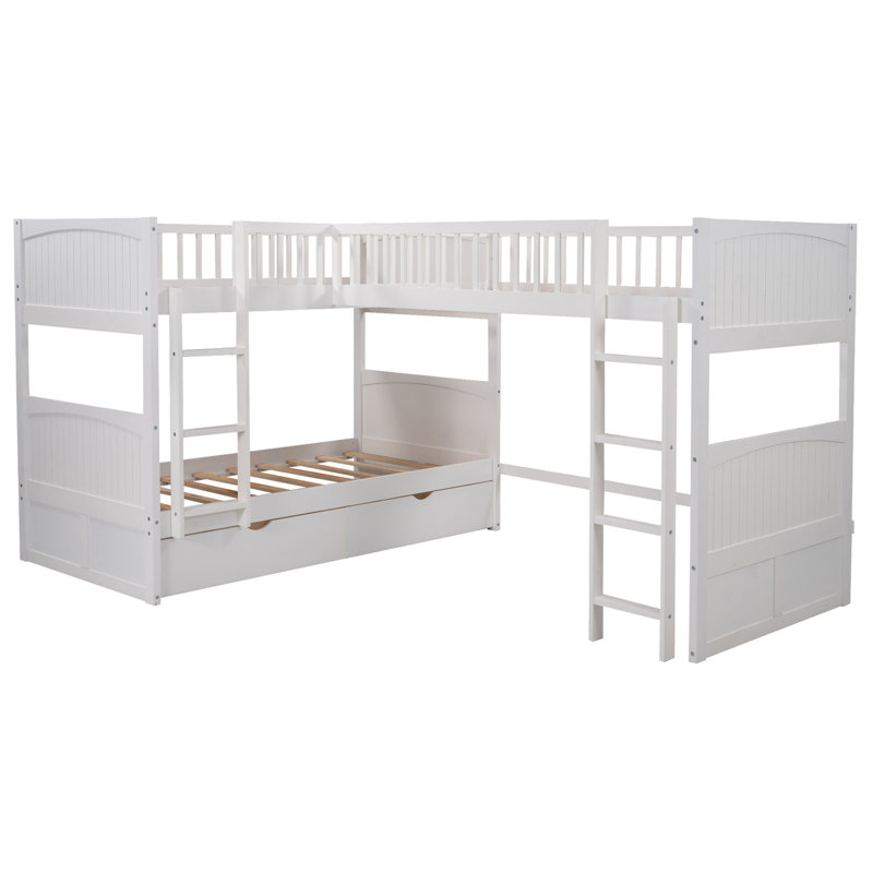 Lit simple superposé avec lit mezzanine attaché et deux tiroirs, Blanc