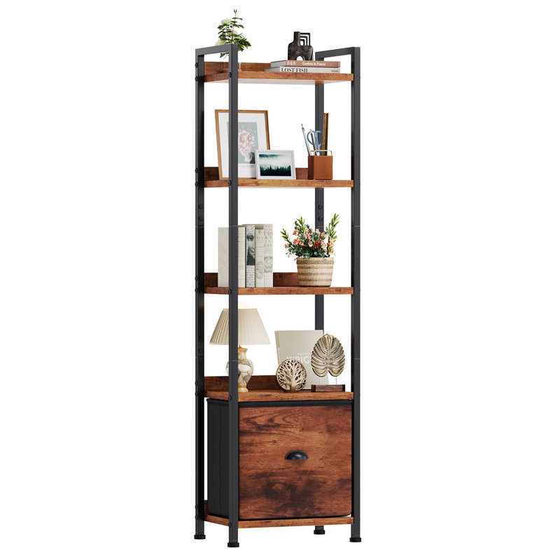 15"W 5 Tier Bookshelf with Drawer, Small Bookcase for Living Room, Bedroom, Industrial Bookshelf Wood and Metal Storage Rack