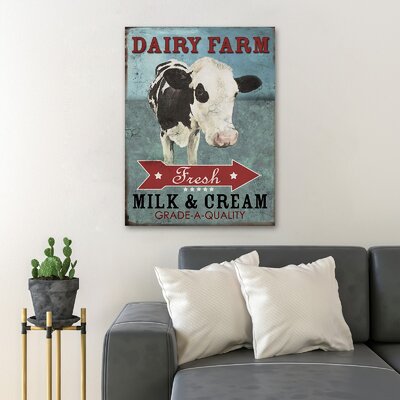 A Cow On Blue Background - Dairy Farm Fresh Milk And Cream - 1 Piece Rectangle Graphic Art Print On Wrapped Canvas -  Trinx, 69EE3451597548CE93EA0C381623FE9C