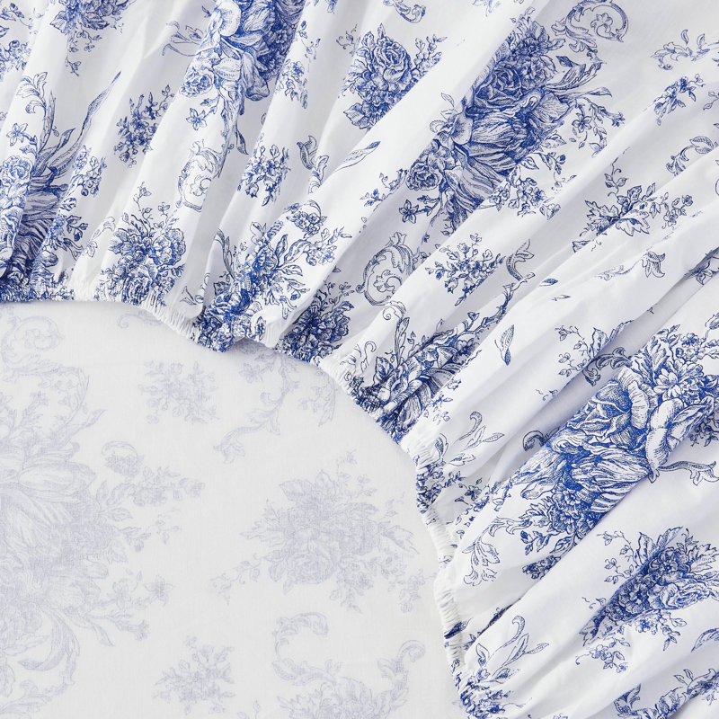 Petit Toile Printed Cotton Percale Sheet Set, Queen Sheet Set with 2 Standard Pillowcases, Navy