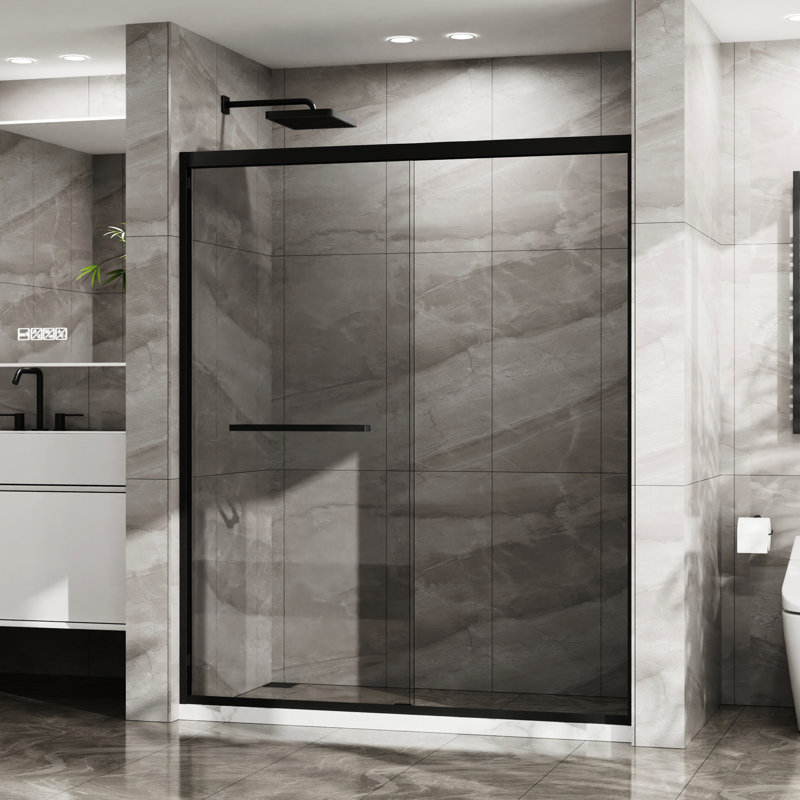 Double porte de douche coulissante 60 po x 72 po en verre trempé, noir mat, cadre noir attrayant, installation facile