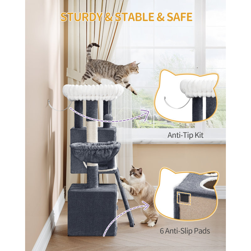 98cm Cat Tree, Cat Tower for Indoor Cats, Multi-Level Cats House Furniture with Scratching Post, 2 Caves, Large Platform, Scratching Ramp, Pompom