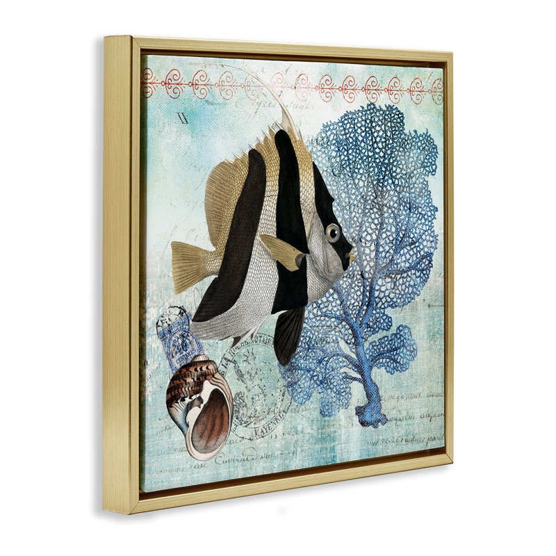 Collage de poissons tropicaux rétro, Cadre flottant gris lustré, H 18 po x l 18 po