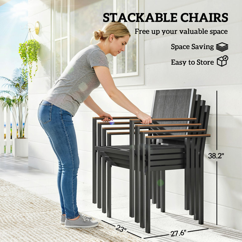 5 Piece Outdoor Dining Set, Outdoor Table and Chairs for 4, 59" Rectangular Acacia Wood Tabletop and 352 LBS Mesh Stackable Chairs, Patio Set for Garden, Backyard, Deck, Teak