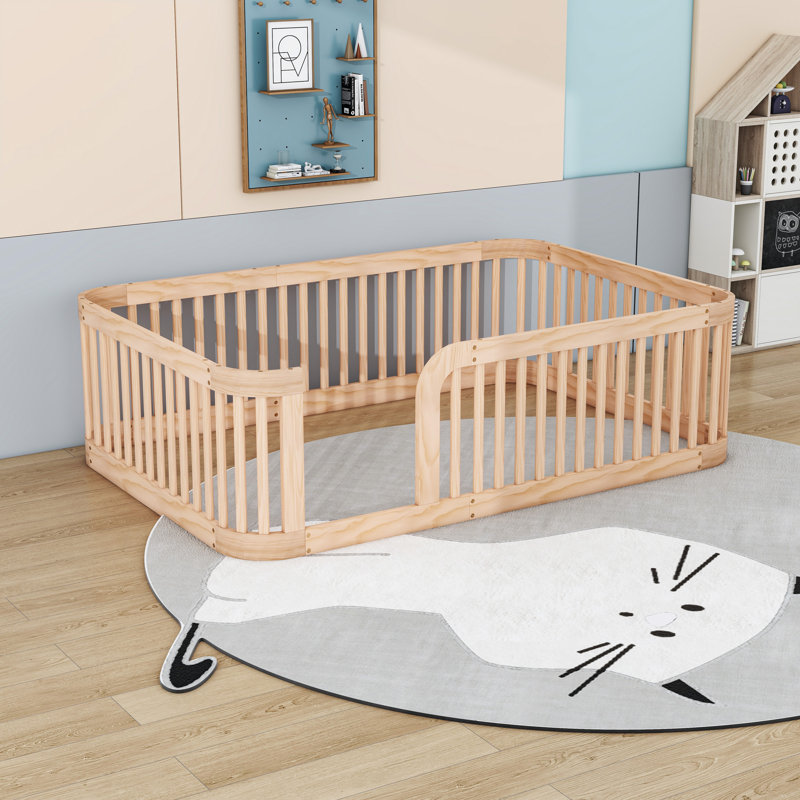 Full Wooden Floor Bed With Guardrails, Natural