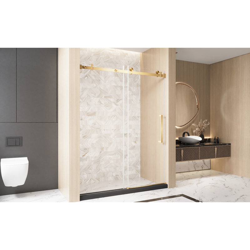American Design Single Sliding Shower Door 56 - 60 "W X 76" H, 6 Mm Clear Tempered Glass, Proof Film, Stainless Steel Square Tube Track, Brushed Gold Handle, 4.8Cm Wheels, Water Bottom Strip For