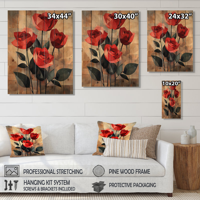 «Red Velvet Geometric Rose Passion I» - décoration murale en bois de roses - sur bois de pin naturel