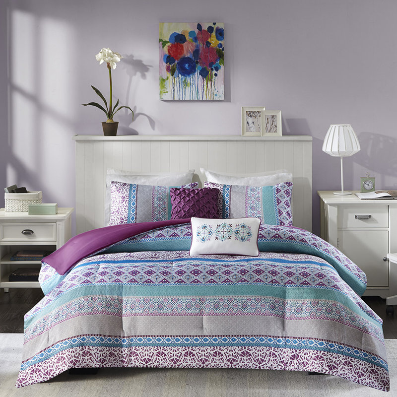 Édredon double / grand Global - rembourrage, microfibre douce, 2 taies décoratives, coussins décoratifs, linge de lit mauve en microfibre Global Print, style