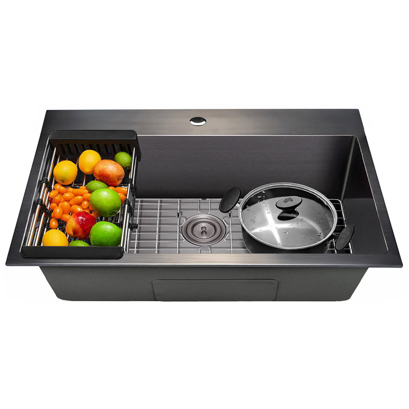 Évier de cuisine à un trou à cuve unique en acier inoxydable noir mat 33 po x 22 po Drop-In