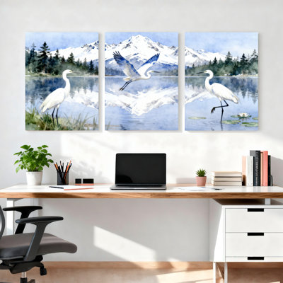Egrets Flying Over Mountain Lake Watercolor Canvas Wrapped Wall Art Set of 3