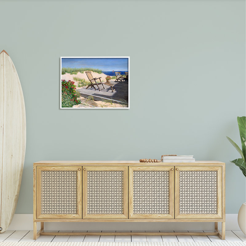 «Relaxing Waterfront Boardwalk Beach Chairs Summer Scene» par Tom Mielko - peinture encadrée sur bois