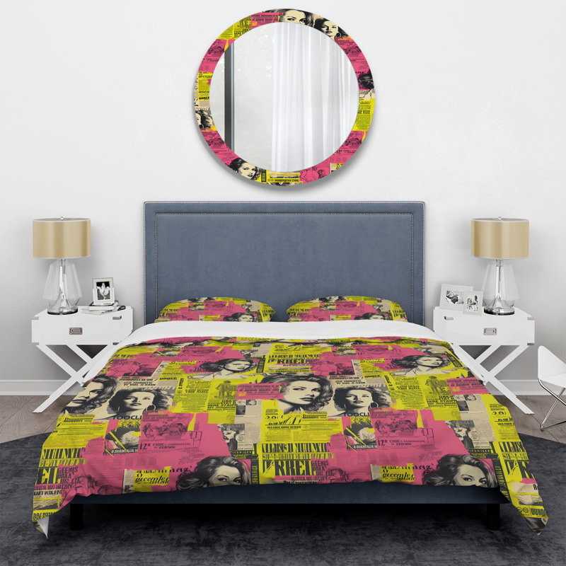 Literie Popart rose néon Collage III, Housse de couette pour grand lit et 2 taies décor