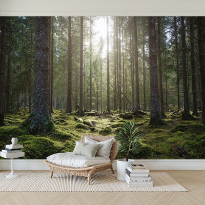 Peel and Stick Wallpaper 144" W x 100" H Modern Self Adhesive Wall Mural for Bedroom Natural mossy green forest spruce trees
