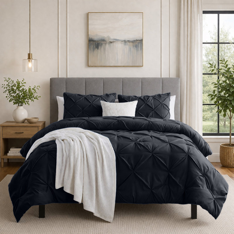 Pintuck Duvet Cover Set with Pillowcases – Soft Microfiber, Textured Quilt Cover, All-Season Comfort, Black, Super King