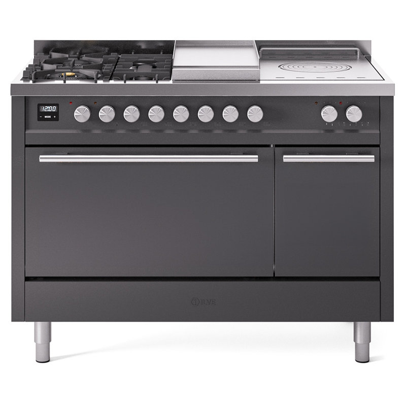 ILVE Professional Plus II 48 in Dual Fuel Range 5 Burner, Griddle, Frenchtop, Natural Gas, Graphite Matte/Stainless Steel
