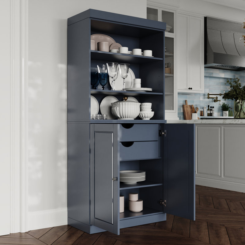 Garde-manger Birce 100% bois massif 32 po avec portes solides, 2 tiroirs et tablettes réglables, Antique Blue
