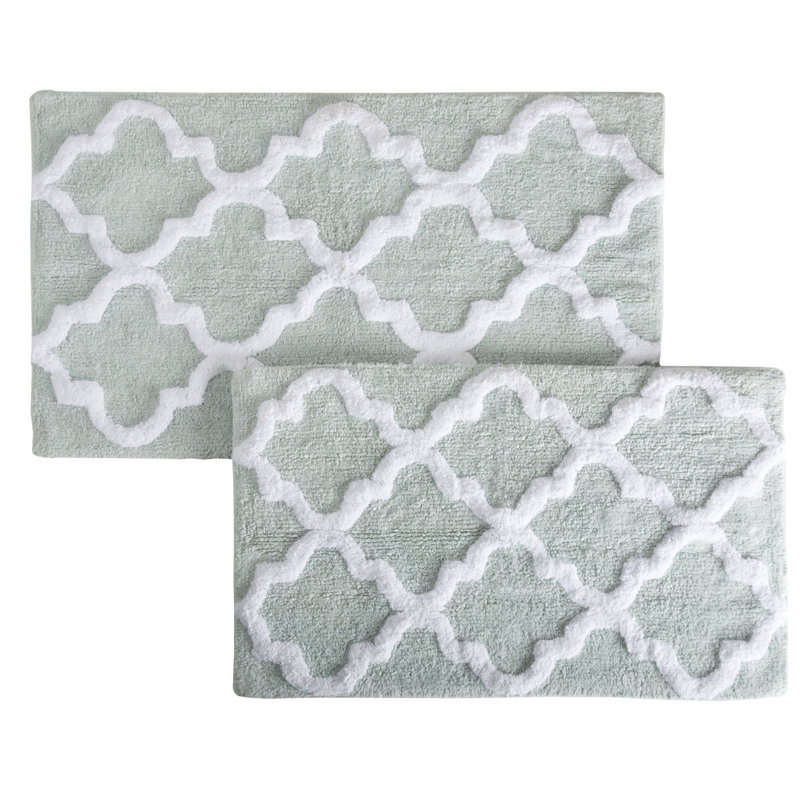 Lavish Home 2 Piece Bathroom Rug Set - 41x24.5 Inch and 34x21 Inch 100% Cotton Bath Mats with Textured Trellis Print for Elegant Bathroom Decor - Bath Rugs Non Slip Washable Bathmats