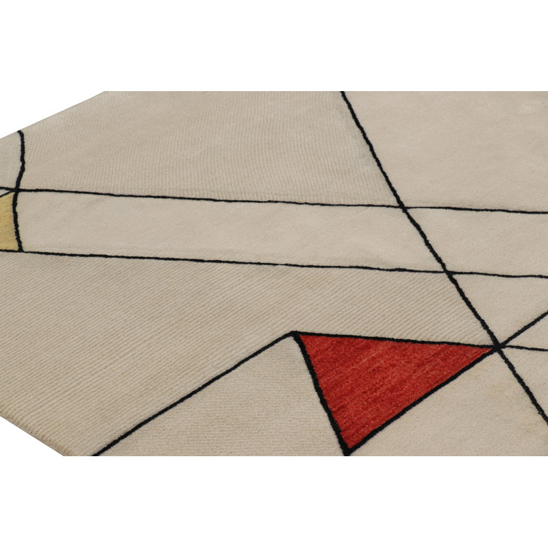Rug & Kilim’S Mid-Century Modern Rug In Cream With Geometric Patterns, Rectangle 10' x 14'