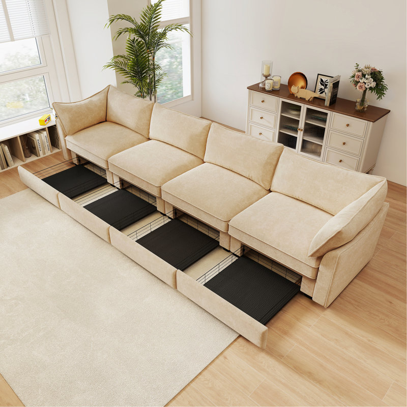 Très grand canapé pour 4 personnes à assise large et profonde, canapé à 4 places avec tiroir de rangement sous chaque siège, canapé surdimensionné à 4 places, chenille blé