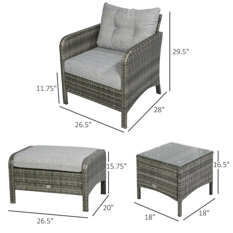 Ensemble de conversation pour patio 5 pièces en osier avec 2 chaises rembourrées, 2 repose-pieds et table basse en verre trempé