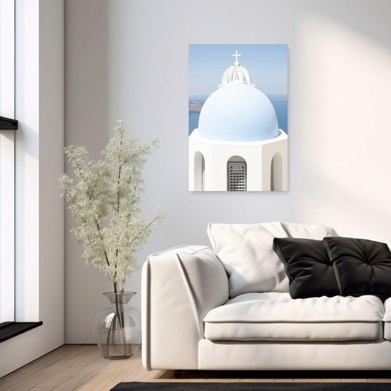 Santorini Blue Dome Traditional Tranquil Abstract Architecture Ocean Wall Art Print 1 Piece Wrapped Canvas Wall Art