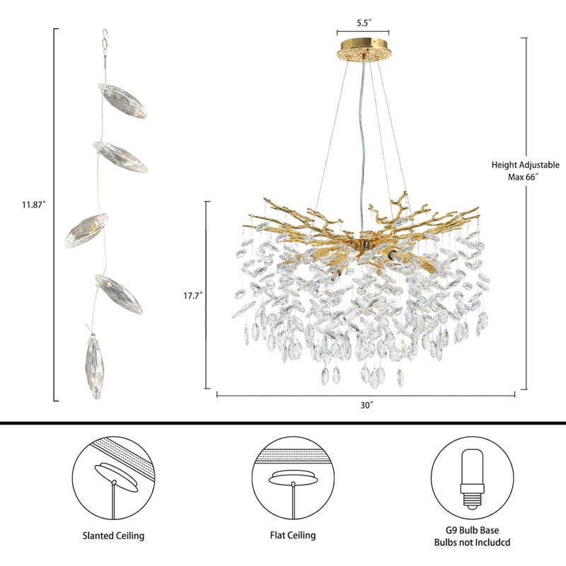 Paree Dimmable Crystal Chandelier, Gold, 17.7" H x 30" W x 30" D