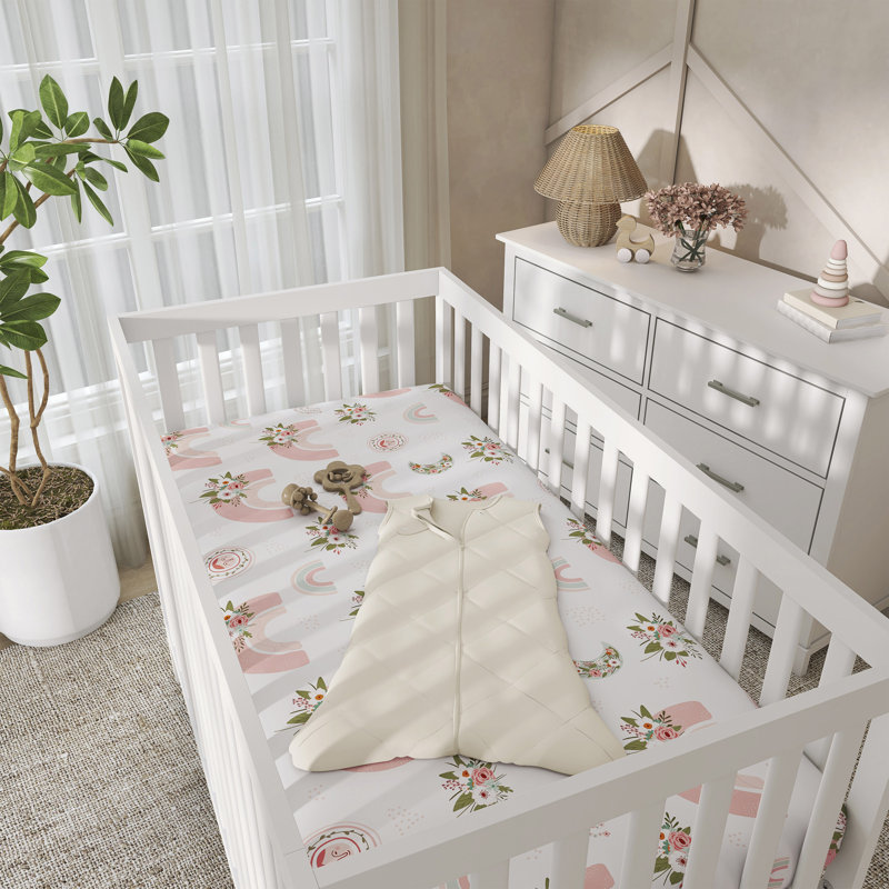 Rain-boho 3 Pc Crib Set, Light Peach & Rainbow Print 1