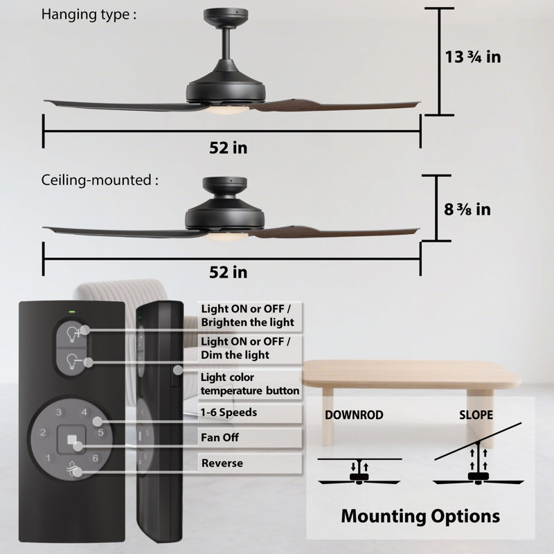 Ashlyn 52" Indoor Modern Ceiling Fan with Single-Tone Wood Grain Blades, LED Light and Remote