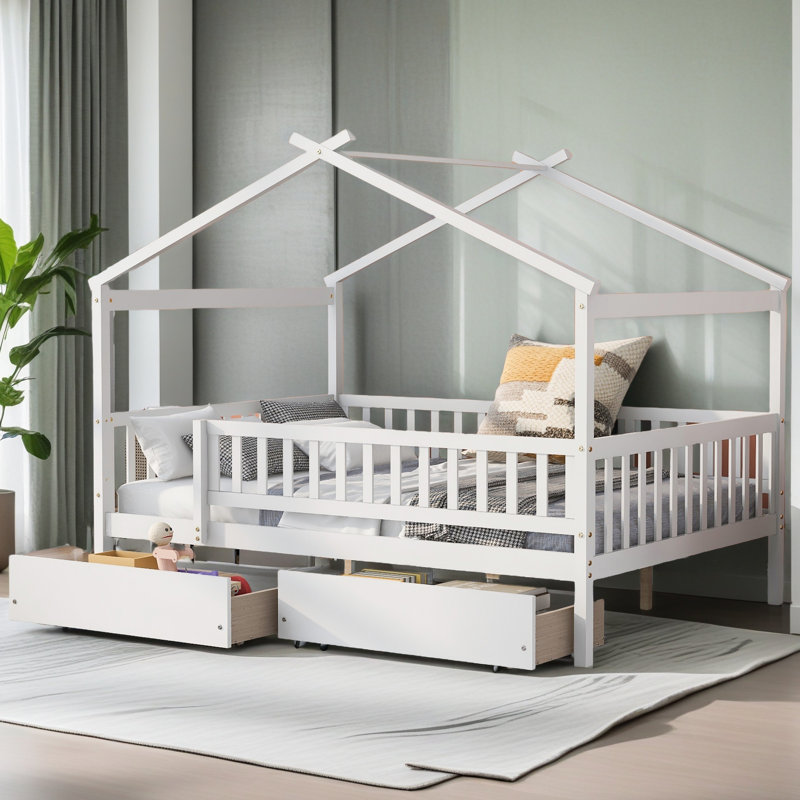 Lit double en bois avec deux tiroirs, Blanc