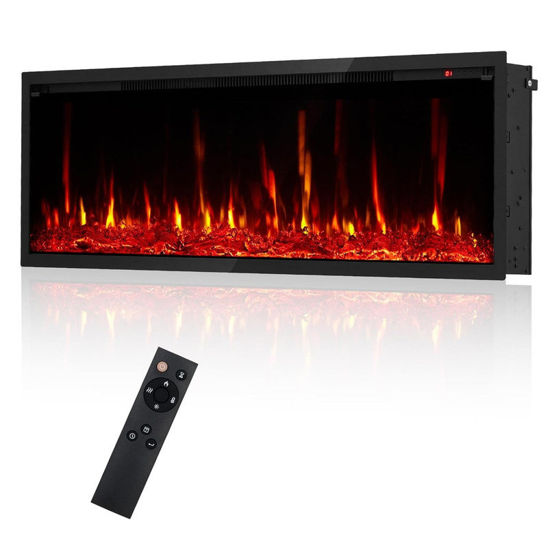 Foyer électrique 68 pouces mural / encastré 68 pouces avec chauffage 750W / 1500W, 12 flammes de 12 couleurs, minuterie de 0,5 à 9 heures, télécommande, design en verre trempé