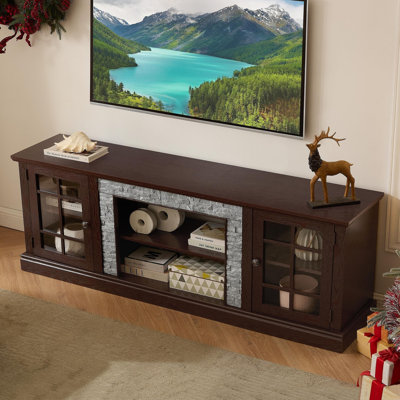 70" Modern TV Stand with 2-Door Storage, Faux Stone Media Console Cabinet, Cherry Large Entertainment Center for Living Room
