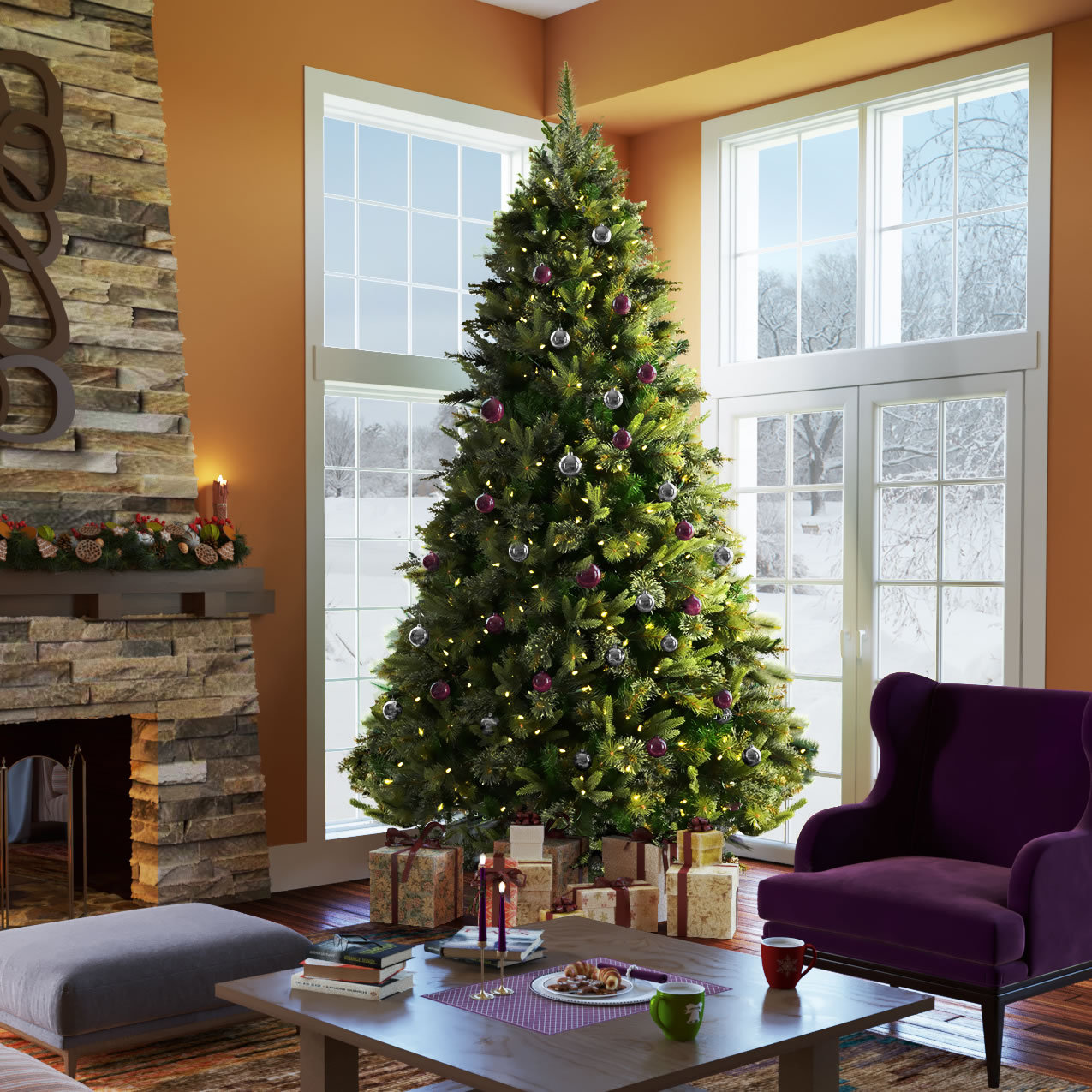 Green Pine Flocked Pre-Lit Pine Christmas Tree, 4.5' H, Multi-colored LED