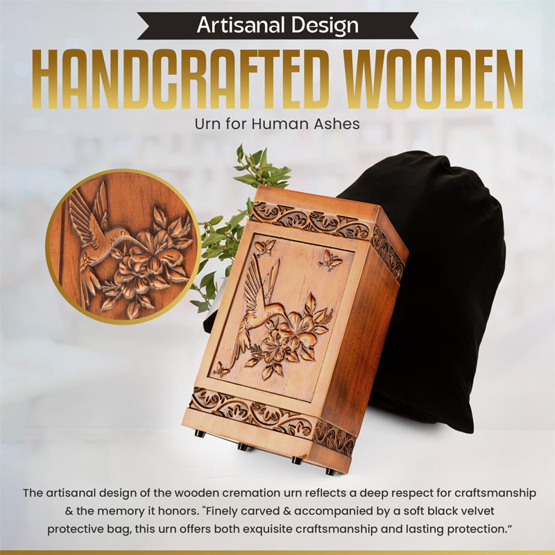 Handcrafted Pine Wood Hummingbird Design Cremation Urn Box