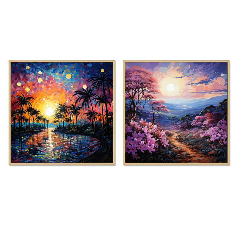 Palmiers - pointillisme coloré - ensemble de 2 collages carrés de paysages abstraits, Cadre flottant brun, H 16 po x l 33 po