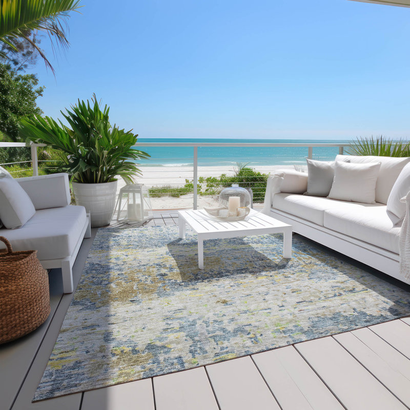 Blue and Beige Rectangular Washable Synthetic Rug