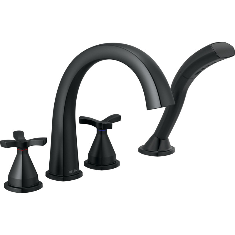Stryke Double Handle Deck Mounted Roman Tub Faucet Trim, Cross Handle, With Handheld, Matte Black