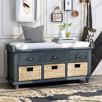 Storage Bench With 3 Drawers And 3 Rattan Baskets, Shoe Bench