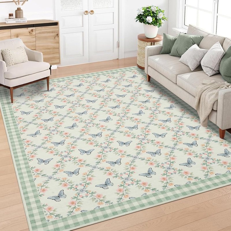 Washable Modern Pattern Rug, Non-Slip, Low Pile, Soft Carpet for Living Room, Bedroom, Indoor Use, Green., Rectangle 9' x 12'