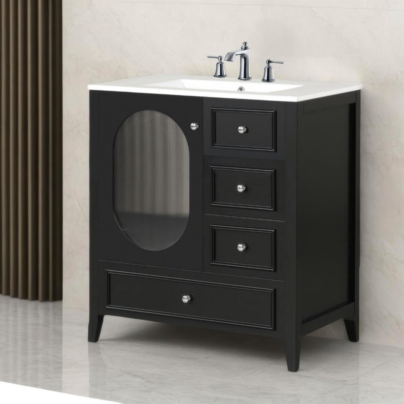 Armoire de meuble-lavabo 30 po avec trois tiroirs et porte, Noir, noir, noir, noir