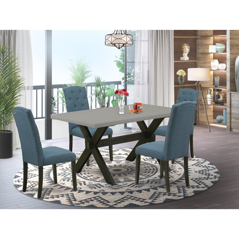 5 Piece Dining Room Table Set Includes a Rectangle Kitchen Table with X-Legs and 4 Mineral Blue Linen Fabric Parson Dining Chairs, Wire brushed Black