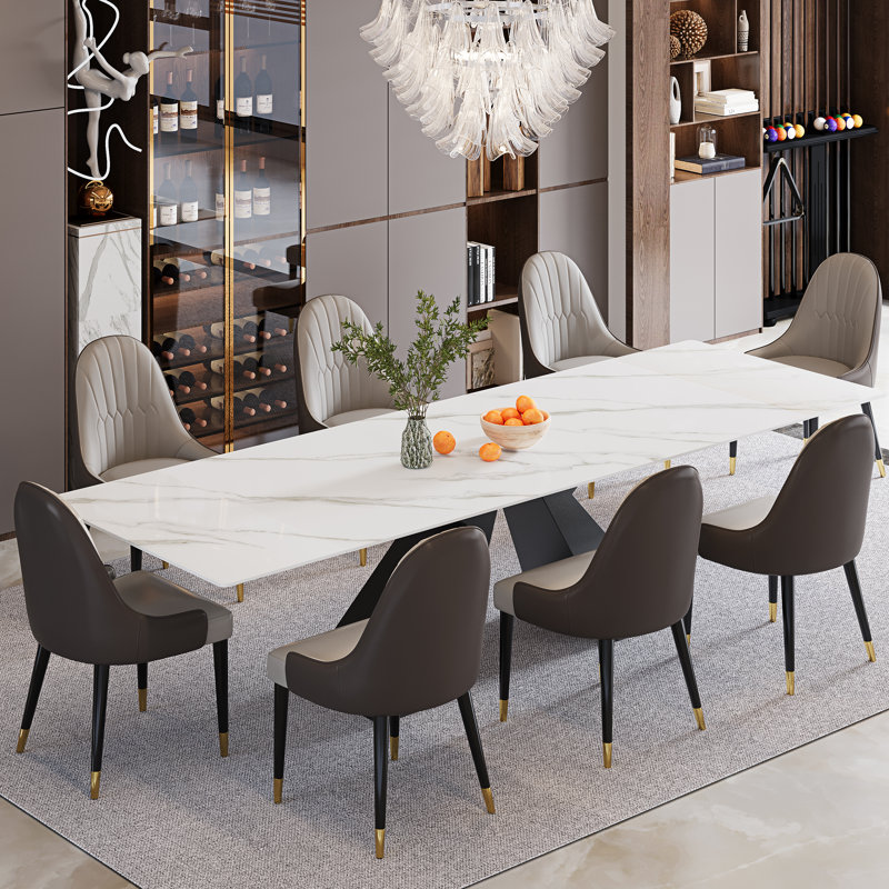 Ensemble de table de salle à manger Raliect pour 8 à 10 personnes avec table extensible en pierre frittée de 63 po à 94,5 po et 8 chaises en similicuir