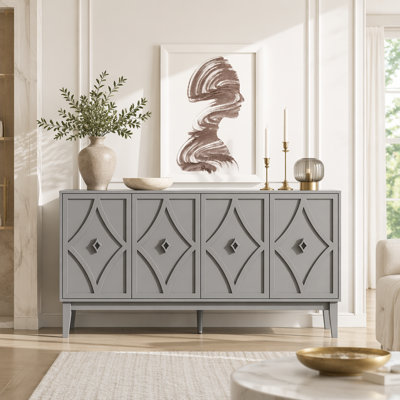 Armoire de rangement vintage à 4 portes avec portes géométriques sculptées à la main, tablettes réglables, finition chêne noir, pieds surélevés pour un nettoyage facile, armoire buffet pour le salon et la salle à manger
